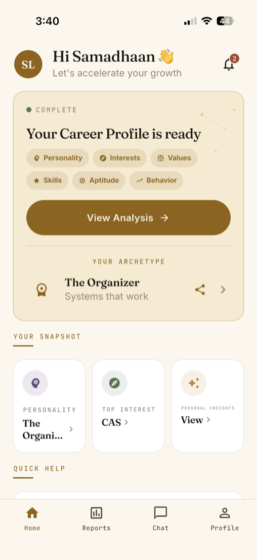 The SucsessMaperrs app home screen — career profile, archetype and snapshot